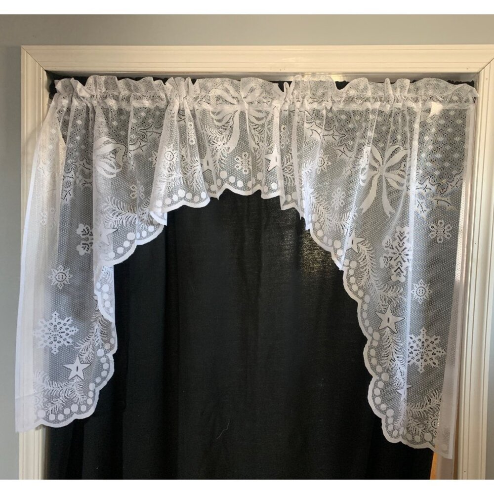 White Lace Christmas Valance Curtain 40"Wx36"L With Snowflakes & Bow Design Wind